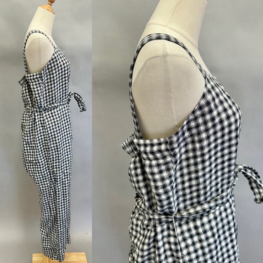 Quince European Linen Square Neck Jumpsuit in‎ Khaki/Black Gingham Medium NWT - Picture 4 of 16